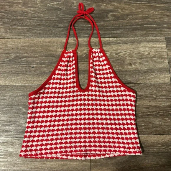 ZARA crochet halter tie crop top! Sleeveless red and white - Picture 8 of 11